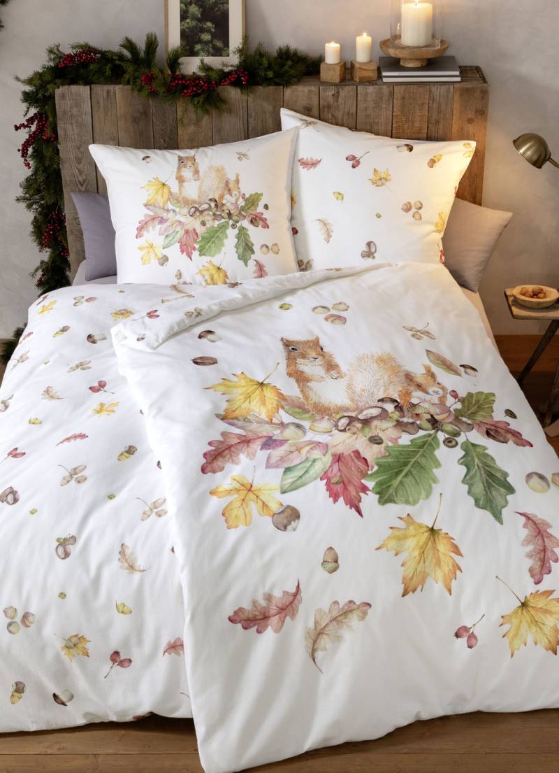Bettwäsche-Garnitur mit herbstlichen Motiven, Größe 112 (80x80 cm + 135x200 cm), Natur von ESTELLA