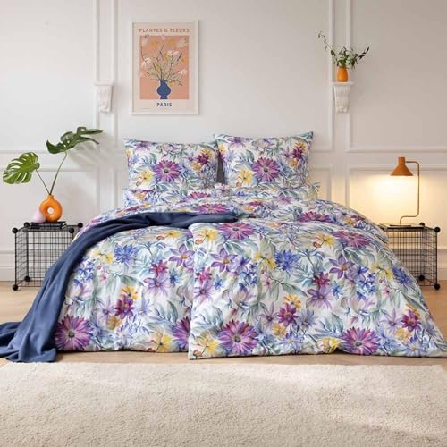 ESTELLA Schweizer Premium Satin Bettwäsche 155x220 Valeska weiß Blumen 2178-985 von ESTELLA
