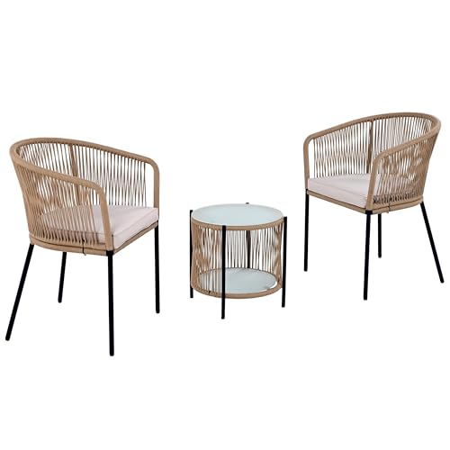 ESTEXO Balkonmöbel Set 2 Personen - Bistro Set Boho Style mit Balkontisch & Zwei Stühlen - Rope Geflecht inkl. Sitzauflagen - Outdoor Sitzgruppe für Balkon & Terrasse (Beige) von ESTEXO