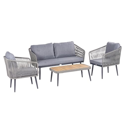 ESTEXO Gartenmöbel Set Sitzgruppe Rope Essgruppe Seil-Optik Outdoor Gartenbank Akazienholz Gartentisch Grau von ESTEXO