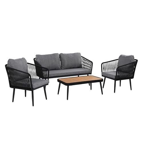 ESTEXO Gartenmöbel Set Sitzgruppe Rope Essgruppe Seil-Optik Outdoor Gartenbank Akazienholz Gartentisch Schwarz von ESTEXO