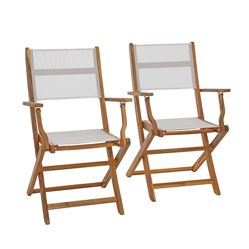 ESTEXO Klappstuhl 2er Set Weiß – Gartenstühle aus Akazienholz & Textilene – Wetterfeste Balkonstühle, Klappsessel, Terrassenstühle – platzsparende Outdoor Sitzmöbel für Balkon, Terrasse und Balkon von ESTEXO