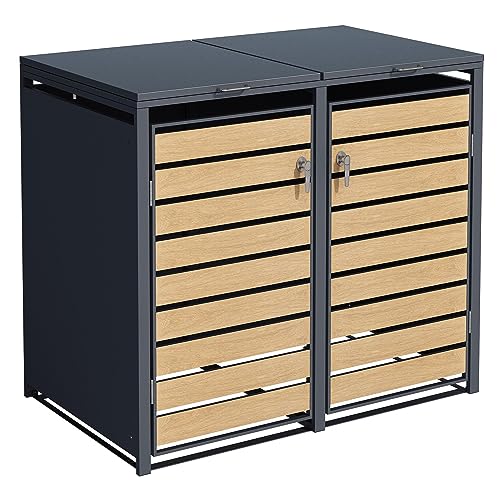 ESTEXO Mülltonnenbox Mülltonnenverkleidung mit Deckel Aufbewahrungsbox Müllbox Anthrazit mit Holzdekor (2 Türen) von ESTEXO