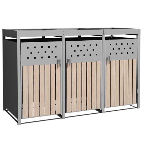 ESTEXO Mülltonnenbox Mülltonnenverkleidung mit Pflanzdach Aufbewahrungsbox Müllbox Edelstahl RAL 9007 (3 Türen) von ESTEXO
