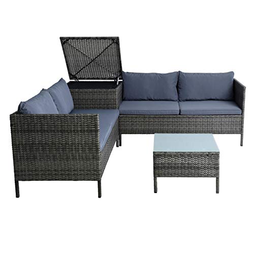 ESTEXO Polyrattan Gartenmöbel Set Gartenset Sitzgruppe inkl. Auflagenbox Rattan Möbel Essgruppe Gartentisch Gartensofa Sofa Lounge Loungeset Kissenbox (Anthrazit-Grau) von ESTEXO