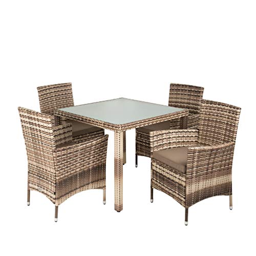 ESTEXO Polyrattan Gartenmöbel Set Sitzgruppe Rattan Gartenset Essgruppe Stuhl Tisch Set Garten Tisch und Stuhl Set 4 Personen Glas Glastisch (Beige-Braun) von ESTEXO