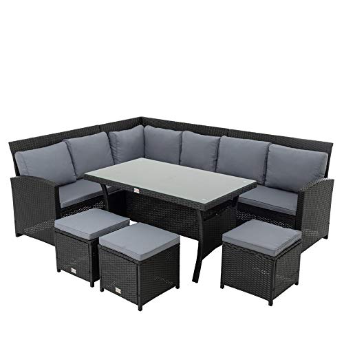 ESTEXO Polyrattan Lounge Set in luxuriöser Optik bestehend aus 1 Couch, 3 Hockern und 1 Tisch, inklusive Sitzpolster, Schwarz von ESTEXO