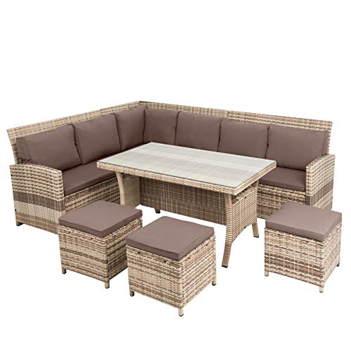 ESTEXO Polyrattan Lounge Set in luxuriöser Optik bestehend aus 1 Couch, 3 Hockern und 1 Tisch, inklusive Sitzpolster, beige von ESTEXO