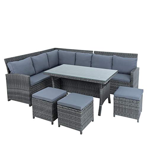 ESTEXO Polyrattan Lounge Set in luxuriöser Optik bestehend aus 1 Couch, 3 Hockern und 1 Tisch, inklusive Sitzpolster, grau von ESTEXO