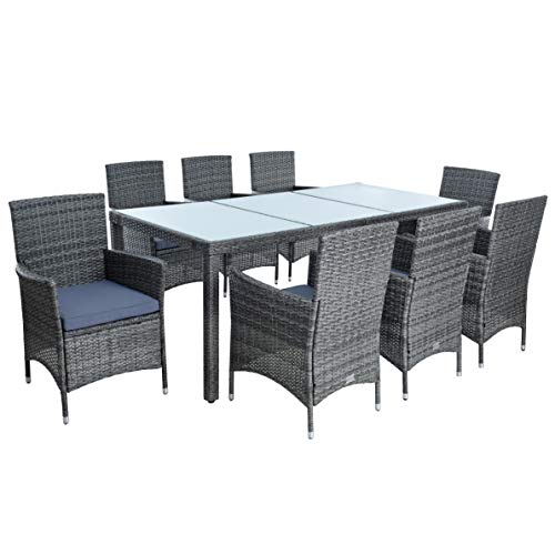 ESTEXO Polyrattan Sitzgruppe Gartenmöbel Set 8 Personen Rattanmöbel Gartenset Rattan Essgruppe Garten-Stühle Garten-Tisch Hocker Sessel mit Kissen (Anthrazit-Grau) von ESTEXO