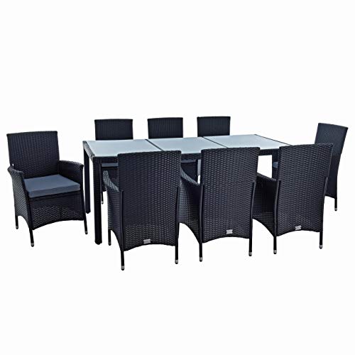 ESTEXO Polyrattan Sitzgruppe Gartenmöbel Set 8 Personen Rattanmöbel Gartenset Rattan Essgruppe Garten-Stühle Garten-Tisch Hocker Sessel mit Kissen (Schwarz) von ESTEXO