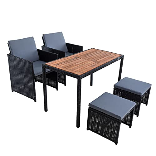 ESTEXO Polyrattan Sitzgruppe Gartenmöbel Set Essgruppe Gartenset Rattanmöbel Rattan Set Hocker Gartenstühle Gartentisch (4 Personen/Schwarz) von ESTEXO