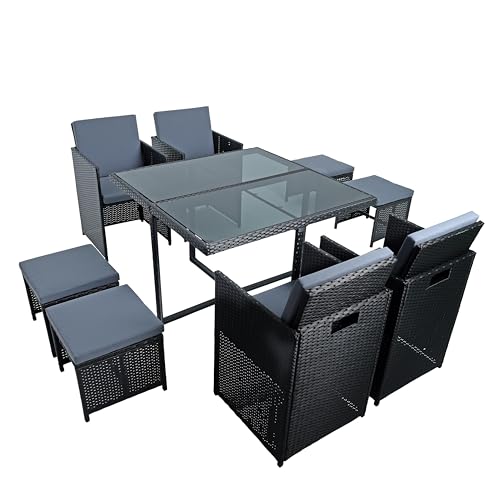 ESTEXO Polyrattan Sitzgruppe Gartenmöbel Set Essgruppe Gartenset Rattanmöbel Rattan Set Hocker Gartenstühle Gartentisch (8 Personen) von ESTEXO
