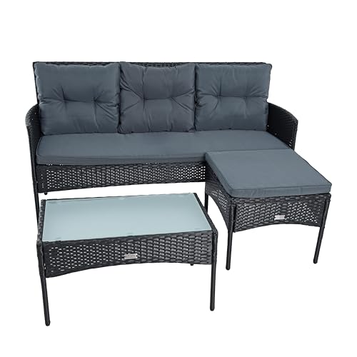 ESTEXO Polyrattan Sitzgruppe Lounge Set Gartenset Rattan Gartenmöbel 3-Sitzer Gartenbank Gartentisch Hocker Schwarz von ESTEXO