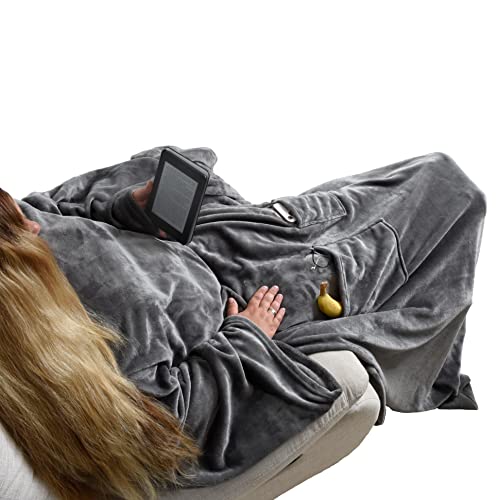 ESTEXO XXL TV-Decke Ärmeldecke Kuscheldecke Wohndecke mit Ärmeln und Fußtasche Handytasche Anthrazit von ESTEXO