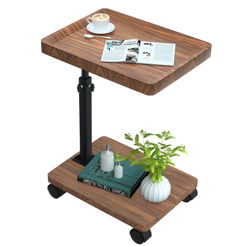 ESTUWD Beistelltisch mit Rollen | Beistelltisch Höhenverstellbar (45-80cm) | Holz Beistelltische c Form haben 360° Rotierend Nussbaum Finish | Couchtisch Klein für Wohnzimmer Sofa Couch (Nussbaum) von ESTUWD