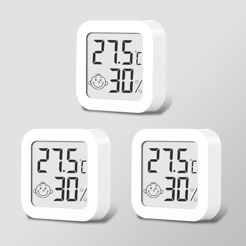 3 Stück Digital Mini Thermometer Hygrometer Innen, Indoor Thermometer mit Smiley-Indikator Raumthermometer zum Aufstellen oder Wandmontage Innenraum, Wohnzimmer, Büro (Feuchtigkeit & Temperatur) von ESTVIIG