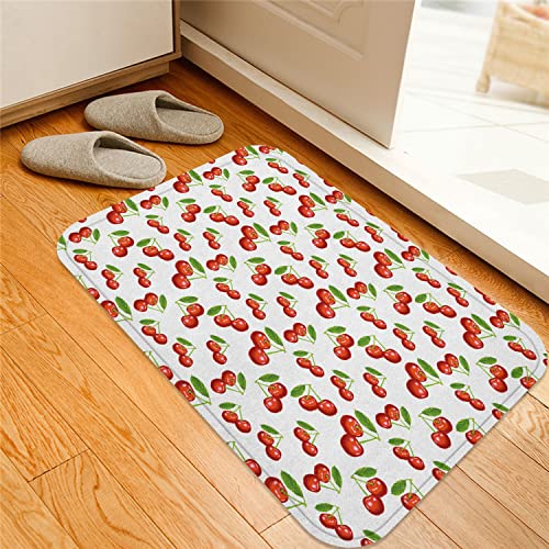 ESVET Badematte rutschfest Teppich,Obst Kirsche Muster Design Frische Beere Obst Sommer Grün Garten Makro Digitaldruck Scharlachrot Weiß,Badezimmer Set Matte rutschfest WC-Vorleger 40 x 60 cm von ESVET