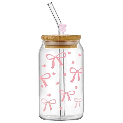 ESYFOR Glas mit Deckel und Strohhalm, 16 oz Glas Trinkbecher Aesthetic Bow Design Glasbecher Eleganter Trinkgläser Vielseitiges Matcha Gläser für Iced Coffee Smoothie Matcha Cocktail von ESYFOR