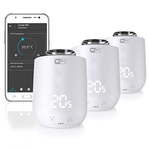 Eurotronic 700200 Comet Wifi 2021 Heizkörperthermostat (Heizen per WLAN, mit Alexa kompatibel, Heizkosten sparen, Raumtemperatur von unterwegs regulieren, Smart Home Zubehör 3er Bundle) von ET - EUROTRONIC Technology GmbH