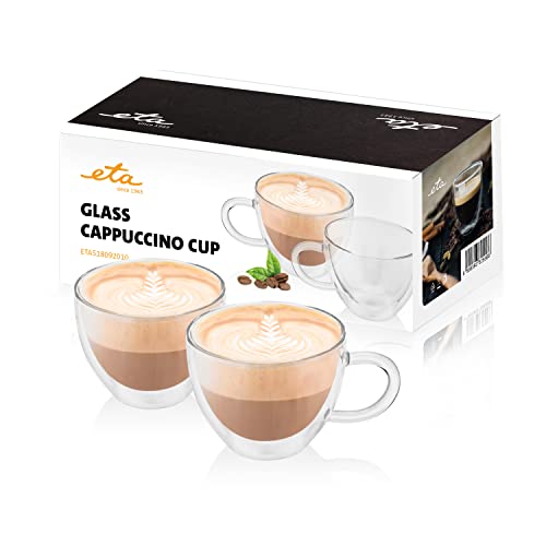 ETA Doppelwandige Cappuccino Gläser, 240ml, 2 Stück, heiße & kalte Getränke, Kaffeegläser, Ristretto, aus Borosilikatglas von ETA