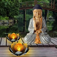 3er Set Dekoration 2x led Solar Lampe Lotos Blume Crackle Glas Garten Außen 1x Buddha Figur Feng Shui von ETC-SHOP