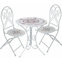Balkonmöbel Tisch 2 Stühle Gartenmöbel Set Metall Vintage Kleiner Gartentisch 2er Set Klappstühle Bistro Sitzgruppe mit Kompass Design weiß von ETC-SHOP