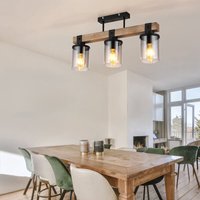 Deckenlampe Deckenleuchte Holzlampe Esszimmerleuchte Wohnzimmer, 3 flammig, Landhaus Holzoptik braun Rauchglas schwarz, 3x E27 Fassungen, LxBxH von ETC-SHOP
