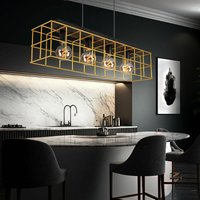 Pendelleuchte Hängelampe Holz Esstischleuchte 4-flammig Industrial Käfiglampe Gitter Gold, Metall, schwarz, 4x E27 Fassung, LxBxH 90x20x150 cm von ETC-SHOP