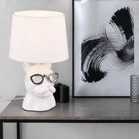 Tischlampe Nachttischlampe Keramik für Schlafzimmer Esszimmerlampe Tischleuchte Modern, Hund mit Brille chrom weiß, Textil, 1x E14 Fassung, DxH 18x29 von ETC-SHOP