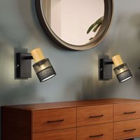 Wandleuchte Wohnzimmerlampe Holzlampe Wandlampe mit beweglichem Spot, Metall Textil, schwarz, 1x E14 Fassung, LxBxH 10x13,5x17cm, 2er Set von ETC-SHOP