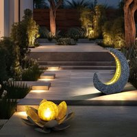 Gartendeko Solarlampen für Außen Lotosblume Tischdeko Gartentisch Garten Solarleuchte für Balkon, Mondsichel mit Stein Optik Grau Gold, led, 2er Set von ETC-SHOP
