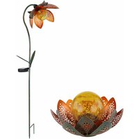 Gartendeko Solarleuchte Lotusblüte Erdspieß Blumen Außenleuchte led Gartenlampe grün gold, Crackle Glaskugel amber, 2er Set von ETC-SHOP