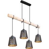 Pendelleuchte Holzbalken Hängelampe Retro Esszimmerlampe hängend mit vier Metallschirmen, schwarz gold, 4x E27, LxBxH 85x17x120 cm, Wohnzimmer von ETC-SHOP