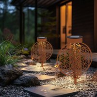 Solarkugel rost für Außen Solarleuchte rost Garten Solarlampe mit Erdspieß, Lichteffekt Muster Lebensblume, 1x led warmweiß, DxH 20 x 31 cm, 2er Set von ETC-SHOP
