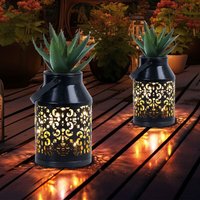 Solarlampen für Außen Balkon Deko Muster Gartendeko Metall Solarlaterne hängend Pflanzgefäß, schwarz, led, DxH 10x16 cm, 2er Set von ETC-SHOP