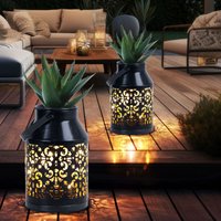 Solarlampen für Außen Balkon Deko Muster Gartendeko Metall Solarlaterne hängend Pflanzgefäß, schwarz, led, DxH 10x16 cm, 2er Set von ETC-SHOP