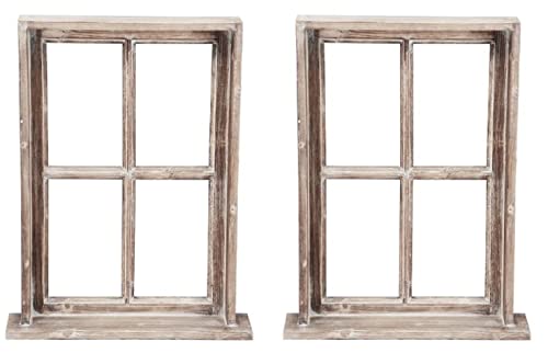 ETC Deko-Fenster Fensterrahmen mit Rahmen und Ablagebrett Holz im Landhausstil braun shabby als 2-er Set von ETC
