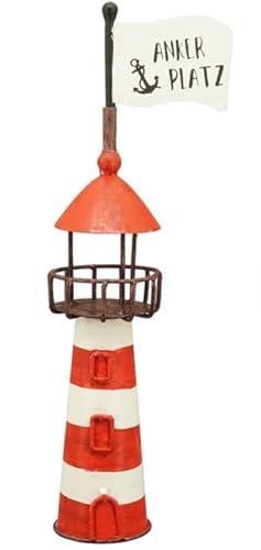 ETC Zaunhocker Zaunfigur Leuchtturm in rot-weiß mit Schild Ankerplatz oder hellblau-weiß mit Schild Heimathafen Metall bemalt als Maritime Deko (rot weiß) von ETC