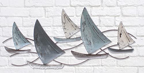 ETC dekorative Wanddeko maritimes Wandobjekt aus Metall Motiv Segelboote grau-weiß-blau shabby Optik von ETC