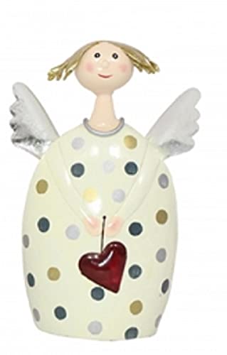 ETC dekorativer Engel Lotta mit weinrotem Herzchen und silbernen Flügeln Metall handbemalt (Creme-Silber mittel) von ETC