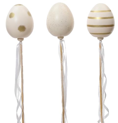 ETC dekorativer frühlingshafter Deko Stecker Oster-Stecker Garten-Stecker Osterei im 3-er Set ca. 15 x 12 x 60 cm in 2 verschiedenen Sets (3 x weiß mit Gold) von ETC