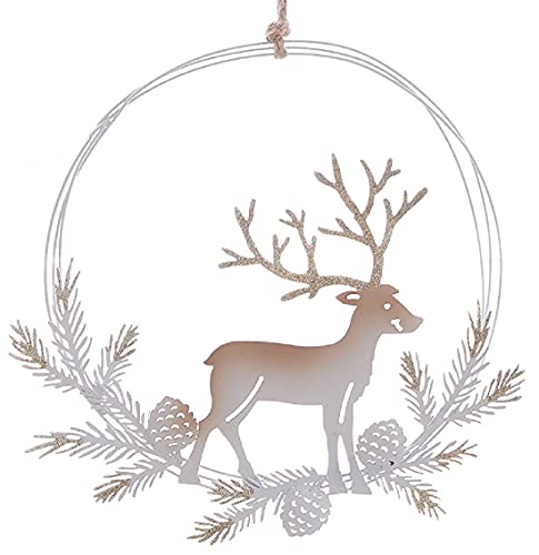 ETC dekorativer weihnachtlicher Fensterhänger Dekokranz Türkranz Rentier im Tannenkranz Metall weiß-beige mit Godglitzer, Creme, ca. 20 x 22,5 cm hoch ETC dekorativer weihnachtlicher Fensterhänger Dekokranz Türkranz Rentier im Tannenkranz Metall weiß-beige mit Godglitzer, Creme, ca. 20 x 22,5 cm hoch von ETC
