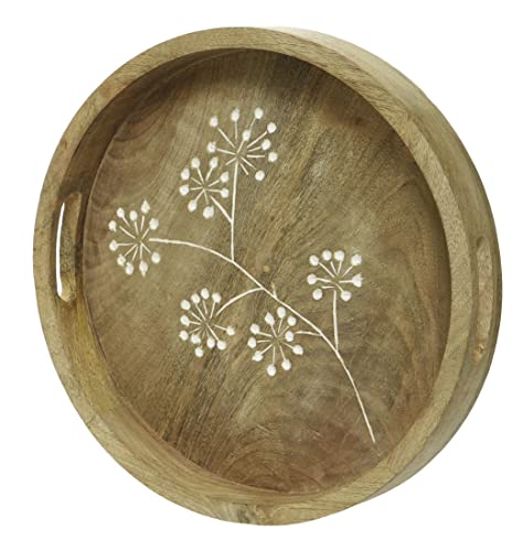ETC dekoratives rundes Tablett mit Griff aus Mangoholz mit floralem Muster im rustikalem Landhaus-Stil (mittel ca. 30 cm rund) von ETC