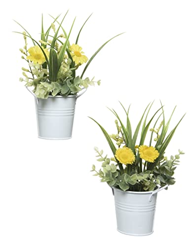 ETC frühlingshafte Kunstblume Frühlingsblume mit kleinen Blümchen im dekorativen weißen Metalltopf im 2-er Set je Farbe (2 x gelbe Blümchen), ca. 21 cm hoch von ETC