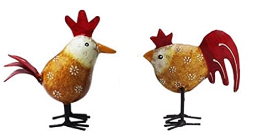 ETC frühlingshaftes kleines buntes Deko-Huhn und Deko-Hahn Metall bemalt im 2er Set in verschiedenen Farbvarianten (braun) von ETC