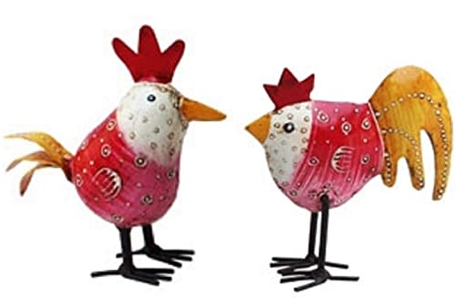 ETC frühlingshaftes kleines buntes Deko-Huhn und Deko-Hahn Metall bemalt im 2er Set in verschiedenen Farbvarianten (pink) von ETC