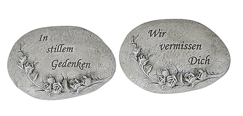 ETC geschmackvolle Grabdeko als hellgrauer Dekostein IN STILLEM GEDENKEN und WIR VERMISSEN DICH im 2-er Set von ETC