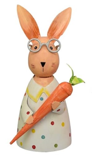 ETC lustiger fröhlich bunter Zaunhocker Hase mit Brille und Möhre Metall bemalt grün pink weiß (weiß) von ETC