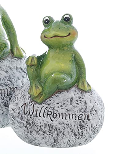 ETC lustiges Dekoobjekt aus Keramik als Gartendeko putziger Frosch auf Stein mit Schriftzug Willkommen in verschiedenen Größen (mittel ca. 17,5 cm hoch) von ETC